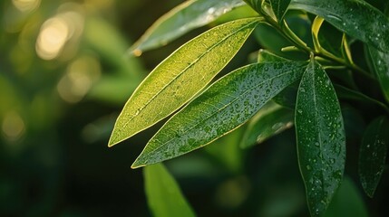 Fototapeta premium Close-up of green leaves with water droplets in sunlight.