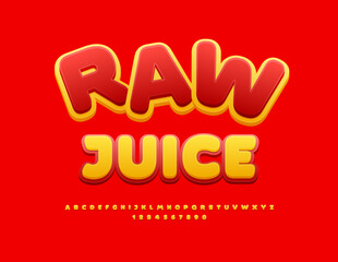 Vector funny advertisement Raw Juice. Bright Artistic Font. Creative Alphabet Letters and Numbers set.