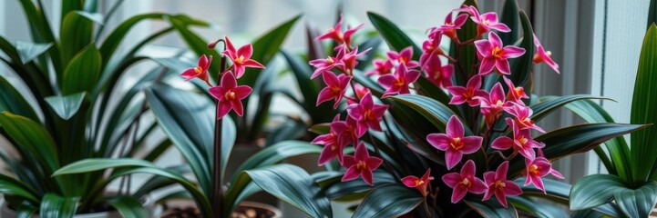 Fototapeta premium Beautiful rare orchid in pot on blurred background, garden, botany