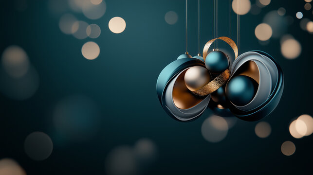 A close-up of sophisticated Christmas ornaments in blue and gold, featuring intricate designs and a touch of glitter, suspended against a dark background, exuding a festive and luxurious holiday vibe.