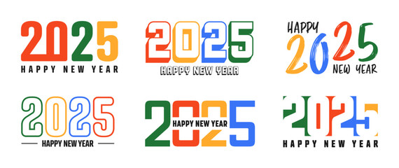 Set of 2025 Happy New Year greeting text designs. Christmas banner, poster, festive greeting card or seasonal promotion template. Collection of 2025 numbers with greetings. Vector illustration