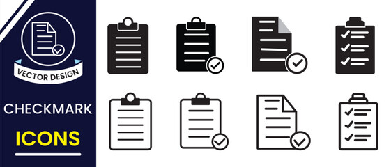 Checklist or checkmark icon, vector set. Document icon, vector, Clipboard icon ,vector, silhouette design. Checklist symbol design. Vector illustration.  © Vector Vista