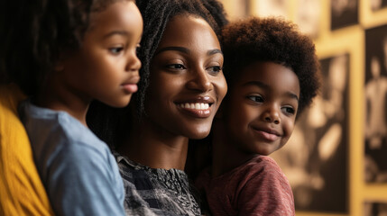 Obraz premium A family visiting a Black history museum, looking at exhibits that highlight key moments in the fight for equality.