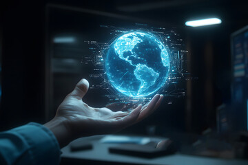 Fototapeta premium Human hold and point glow earth hologram. information and technology concept 