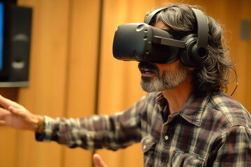 A person explores a virtual world using a VR headset in a modern laboratory environment