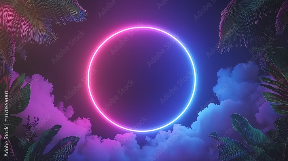 Poster glowing circle is surrounded by a dark background with purple and blue clouds. the circle is the mai