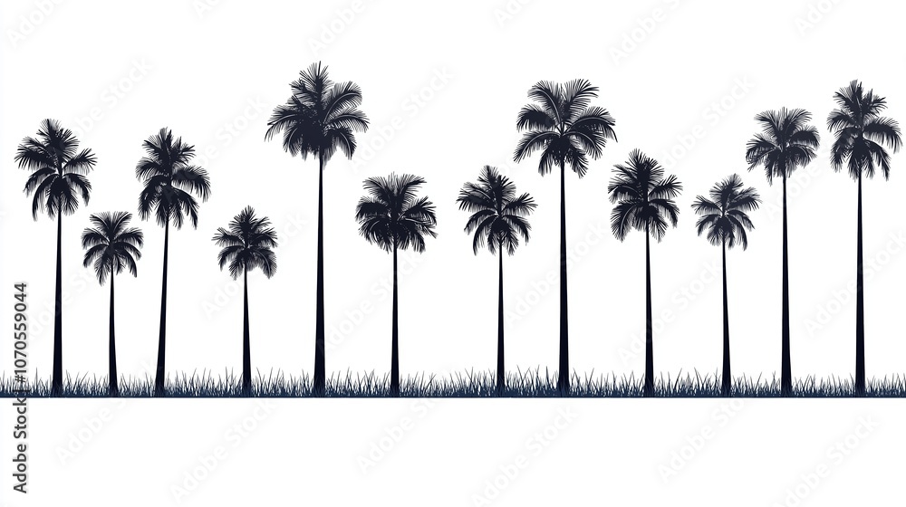 Poster row of palm trees are shown in black and white. the trees are tall and spaced out, creating a sense 
