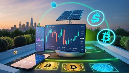 Futuristic crypto trading interface with graphs, charts, and symbols floating in a neon blue and green holographic space.