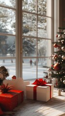 Vertical image of Christmas gifts on the eve of Christmas lie by the window, out of which winter is raging, waiting for Santa Claus.