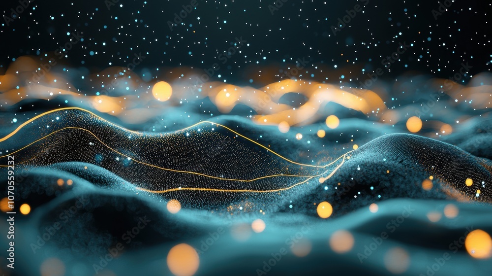 Poster a dark background with glowing lines and dots representing sound waves, visualizing the movement of 
