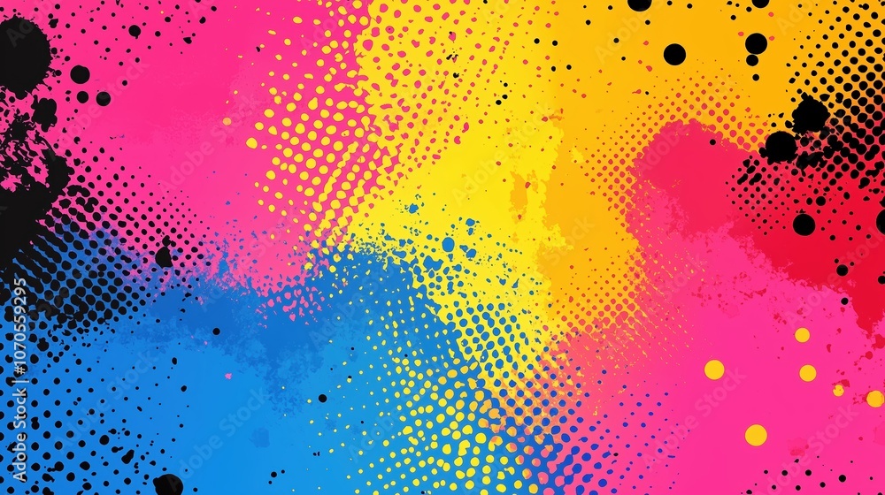 Poster colorful background with splatters of paint and dots. the splatters are in different colors and size