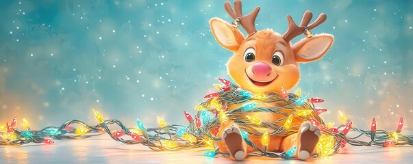 Fototapeta premium Playful reindeer wrapping itself in Christmas lights, tangled and smiling, festive and whimsical