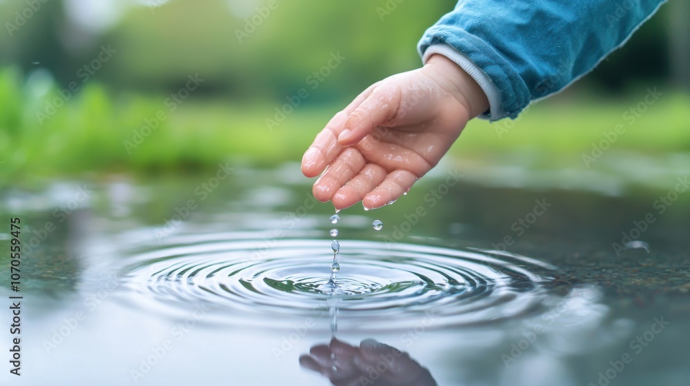 Poster a playful image of a child hand creating ripples in a puddle, capturing the joy and wonder of intera