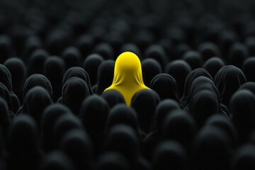 Fototapeta premium A yellow figure stands out among a sea of black cloaked individuals in a dark setting
