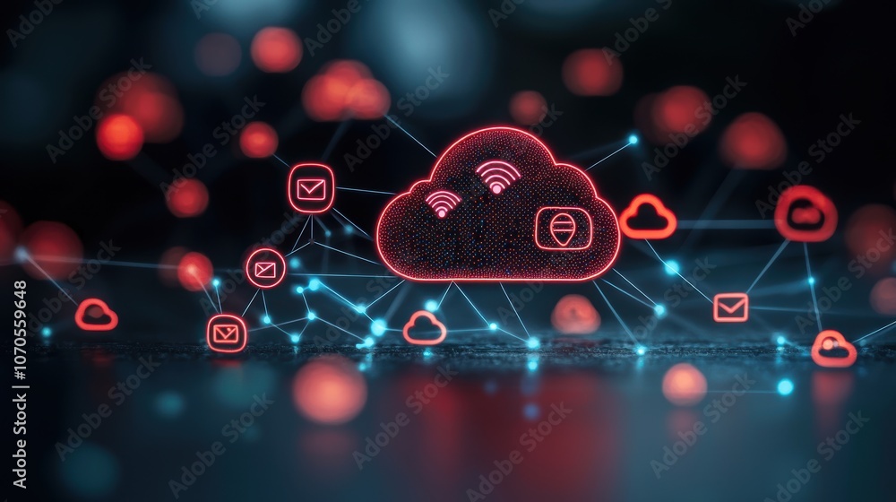 Poster a glowing network of interconnected devices with icons representing wi fi, email, and cloud computin