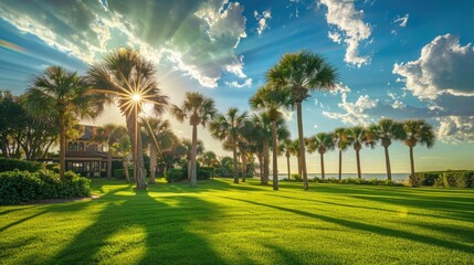 Home With Palm Trees. Tropical Landscape with Palm Trees, Green Grass, and Blue Sky