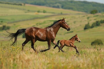 Fototapeta premium Horse And Foal - A Beautiful Spring Day in the Meadow