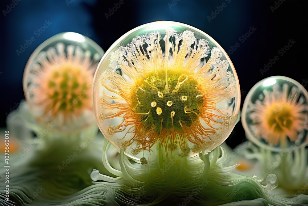 Poster spherical colonies of volvox aureus with visible flagellar sheet