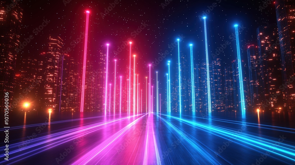 Poster cityscape with a long road with many lights on it. the lights are in different colors and are arrang