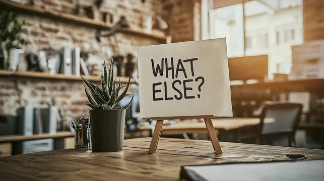 A creative workspace featuring an easel holding a card marked with 'What Else?', accentuated by a potted plant and pens on a wooden desk surface nearby.