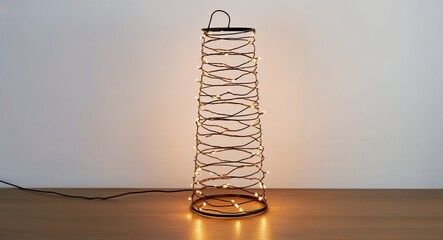 Spiral wire lantern with fairy lights on plain white background