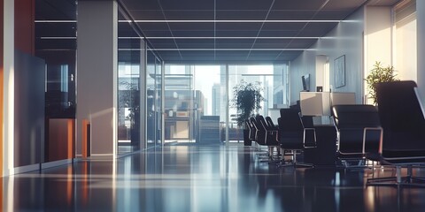 The office has a stylish, modern look with clean lines on the ceiling and glass walls. The conference room is bright and has dark chairs.