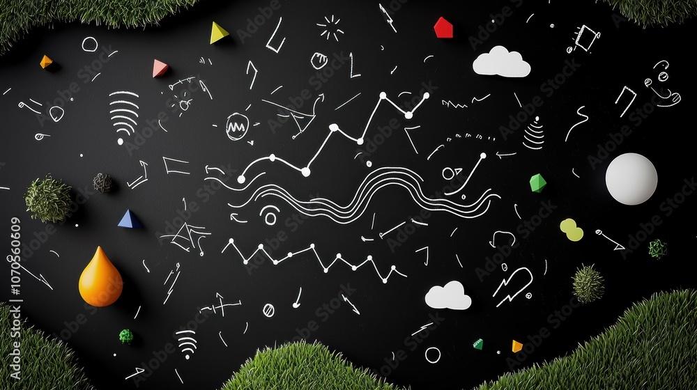 Poster a chalkboard filled with mathematical equations and diagrams of waveforms, representing scientific r