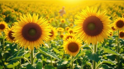 Fototapeta premium Bright sunflower field with vibrant yellow flowers glowing in the sunlight, growth, garden