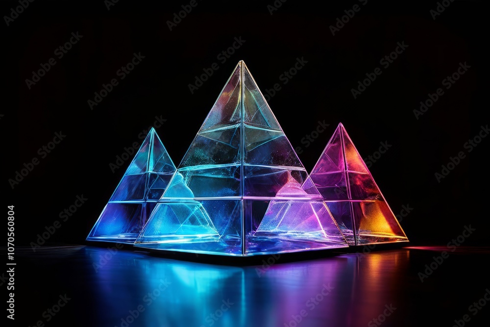 Poster stacked pyramids of decreasing size each layer exhibiting hologr