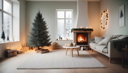 Cozy room with a christmas tree, fireplace with christmas decorations. AI generated