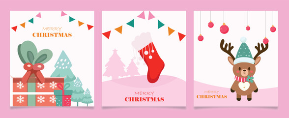 Flat Christmas greeting card collection with presents and reindeer, stockings 