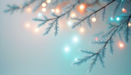 Christmas tree branches with snow on blured background with lights. AI generated