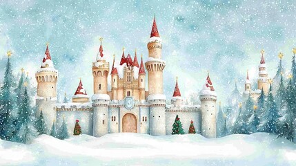 Obraz premium Enchanted Christmas castle surrounded by sparkling snow and fairy lights, whimsical wonderland