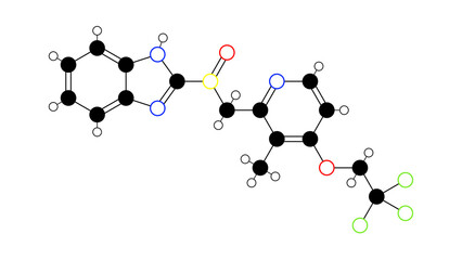 Naklejka premium lansoprazole molecule, structural chemical formula, ball-and-stick model, isolated image prevacid