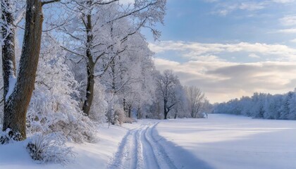 Fototapeta premium A winter landscape with snow-covered trees and a clear path under a cloudy sky.