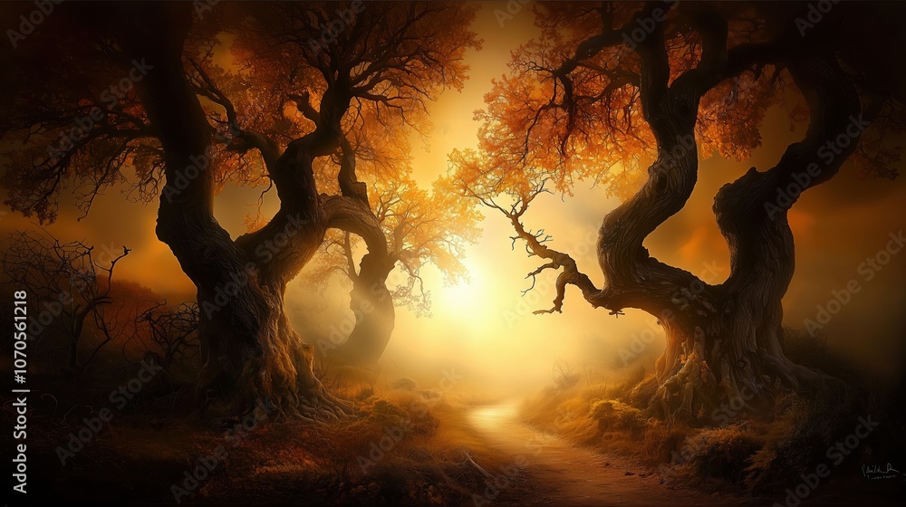 Poster forest scene with two trees in the foreground and two trees in the background. the trees are tall an