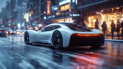 Fototapeta premium Futuristic car in a rainy urban setting at night.