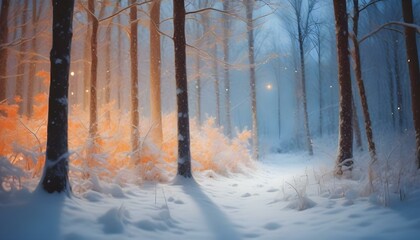 Snow covered trees in the night forest with magic lights between trees. AI generated