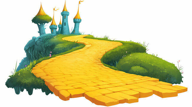 Enchanted yellow brick road leading to magical emerald city in springtime , fantasy, oz, magicians isolated on white background, space for captions, png. Enchanted. Illustration