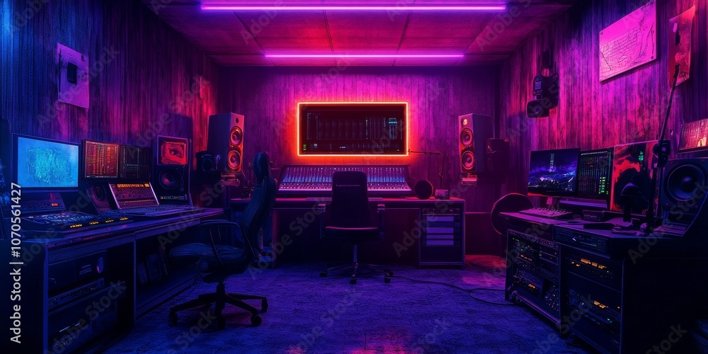 Poster the recording room is dimly lit with neon lights. in the studio, the sound engineer uses a remote co