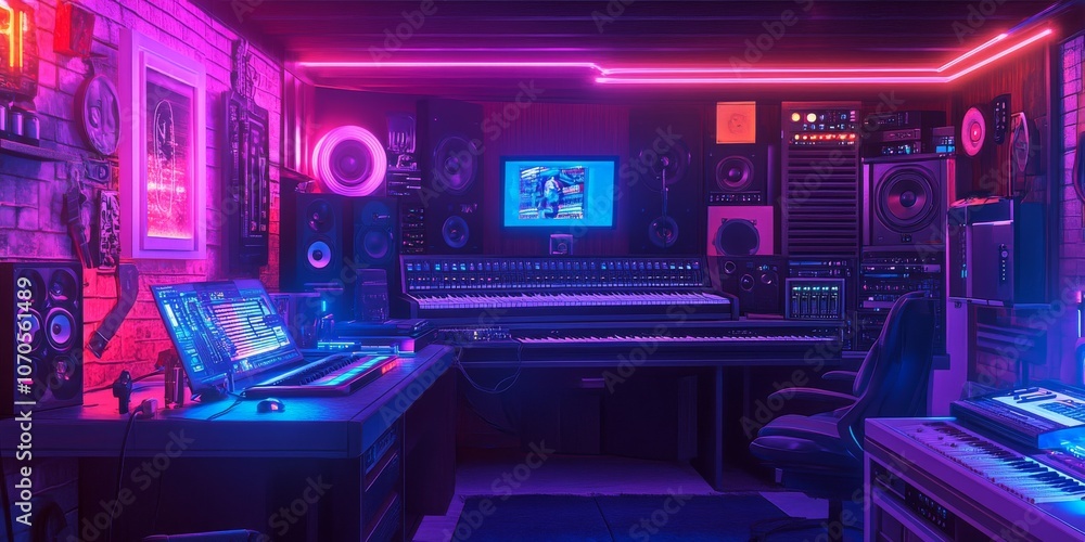 Poster the recording room is dimly lit with neon lights. in the studio, the sound engineer uses a remote co