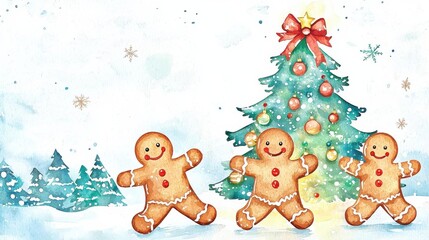 Gingerbread men dancing around a glowing Christmas tree in a snowy wonderland, magical holiday scene