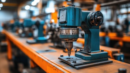 Fototapeta premium Close-up of a blue industrial drill press on an assembly line.