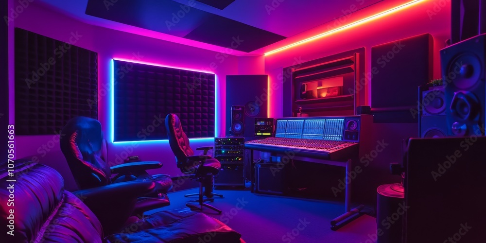 Poster the recording room is dimly lit with neon lights. in the studio, the sound engineer uses a remote co