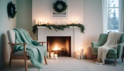 Cozy Christmas Scandinavian minimalist living room interior with a fireplace. AI generated