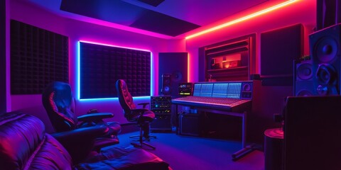 The recording room is dimly lit with neon lights. In the studio, the sound engineer uses a remote control to adjust the audio levels.