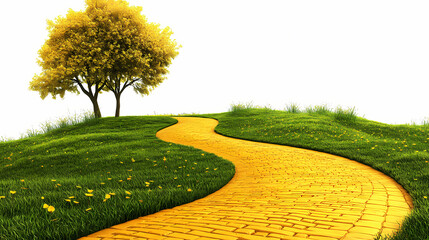 Fototapeta premium Enchanted yellow brick road leading to magical emerald city in springtime , fantasy, oz, magicians isolated on white background, space for captions, png. Enchanted. Illustration