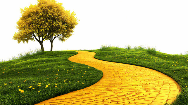Enchanted yellow brick road leading to magical emerald city in springtime , fantasy, oz, magicians isolated on white background, space for captions, png. Enchanted. Illustration