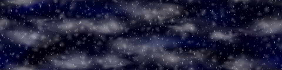 Dark blue night sky with snowfall and clouds as a seamless patern. Snow falling bg. Vector illustration with overlay effect and transparent elements