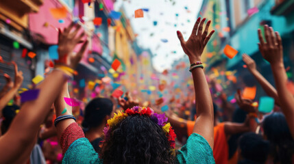 A street party celebrating Hispanic Heritage Month with confetti, flags, and people dancing to traditional music.